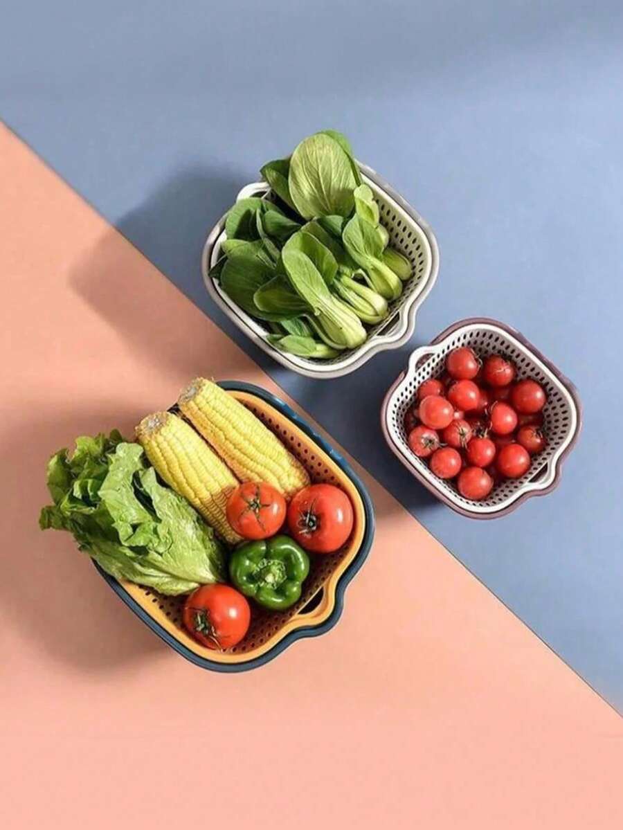 6/2 Pieces, Colander, Double Drain Basket, Plastic Colander Basket, Reusable Washing Basket, Kitchen Household Colander, Fruit And Vegetable Washing Basket, Kitchen Supplies, Kitchen Gadgets, Kitchen Accessories - Multicolor - View 1
