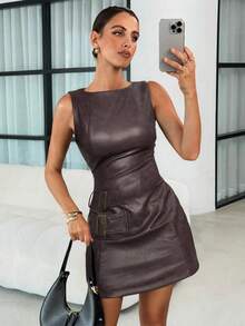 Lavishia 女士时尚 PU 性感复古抹胸迷你连衣裙 夏季母亲节装扮 女士夏季装扮 毕业礼服 夏季服装 女士夏季连衣裙 - 巧克力棕 - 查看 3