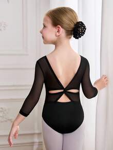 SHEIN Aktivbekleidung für Kleine Mädchen, Leotard, geeignet für Ballett, Schule, Training, Wettkämpfe, lässiger Alltag, modisches, dehnbares Mesh-Langarmdesign, bequeme und elastische Tanzsportbekleidung - Schwarz - Übersicht 3