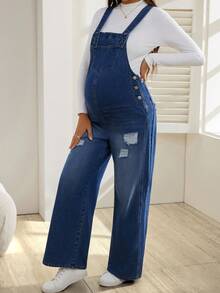 SHEIN Pregnant Women Pocket Design Distressed Wide Leg Loose Casual Denim Jumpsuit