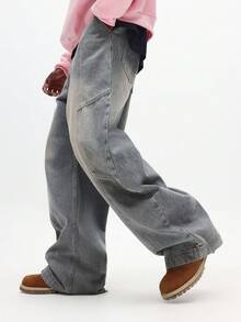 SUMWON 阔腿滑板裤，拼接细节，复古水洗牛仔街头风宽松裤，纯色 - 藍色 - 查看 4