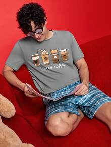 Men's Coffee Print Short Sleeve Top And Plaid Shorts Homewear Set - Grey - View 1