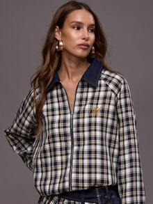 MUSERA Checkered Cinched Waist Embroidered Logo Denim Collar Bomber Jacket Only Fall Autumn Winter Night Out Going Out Streetwear Cute Back To School Sexy Uncut - Multicolor - View 2
