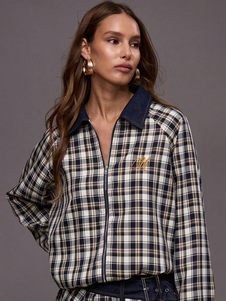 Checkered Cinched Waist Embroidered Logo Denim Collar Bomber Jacket Only Winter Night Out Going Out Streetwear Cute Back To School Sexy Uncut
