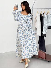 SHEIN 少女休闲简约舒适碎花后背系带长袖连衣裙 - 彩色 - 查看 1