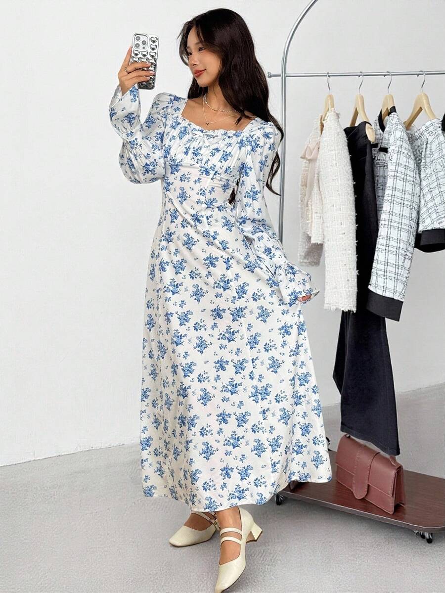 SHEIN 少女休闲简约舒适碎花后背系带长袖连衣裙 - 彩色 - 查看 1