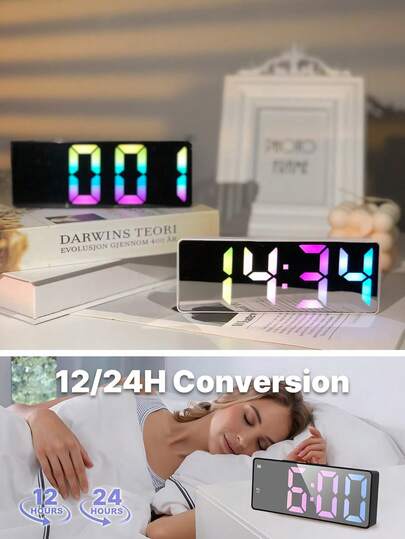 1pc Digital Clock With Night Light Colorful Clock Alarm Beside Digital Alarm Clock With Colour Fonts Colorful Display Digital Battery/USB Alarm Clocks Bedside With Date Calendar Temperature Snooze Adjustable Brightness LED Dimmer Modes Clock Bedroom Decor,Home Decor ,Room Decor Dormitory Decor Back To School School Decor School Surprise School Supplies