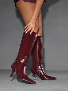 CUCCOO SZL Women's Fashionable Burgundy Buckle Knee-High Elegant Heeled Boots - Burgundy - View 10