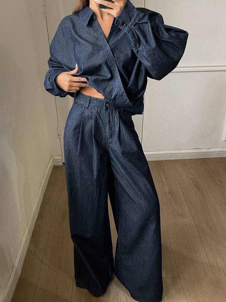 Women's Turndown Collar Long Sleeve Loose Shirt And Straight Leg Jeans Casual Suit