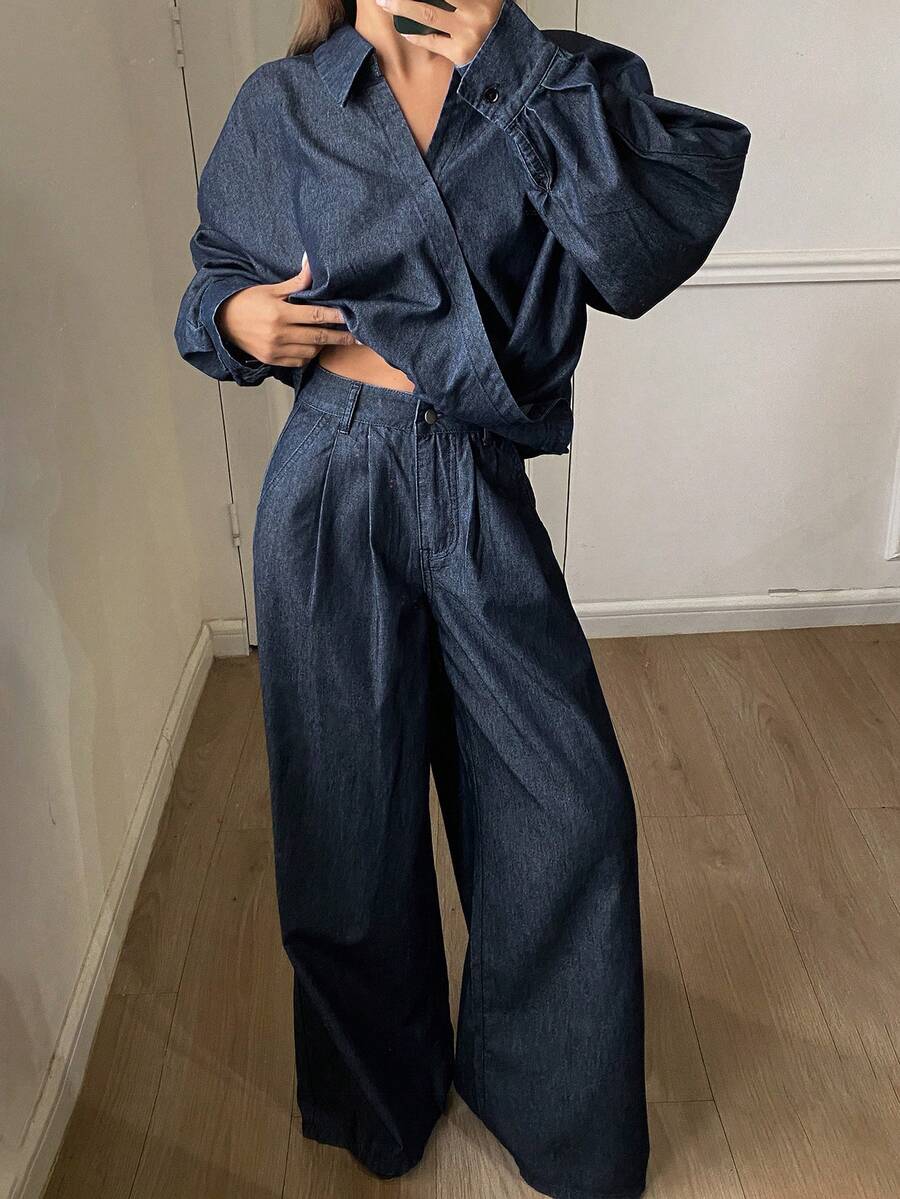 DAZY Women's Turndown Collar Long Sleeve Loose Shirt And Straight Leg Jeans Casual Suit - Dark Wash - View 1