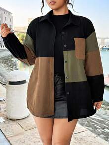 EMERY ROSE Plus Size Women's Fashionable Colorblock Long Sleeve Jacket, Suitable For Outdoor Wear In Autumn/Winter Checkered Corduroy Jacket - Multicolor - View 5