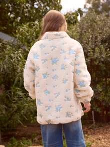 SHEIN Chaqueta con cuello alto, manga larga, con cremallera, de forro polar, con bordado floral, de estilo casual y elegante para niñas, para otoño/invierno - Blanco - Ver 2
