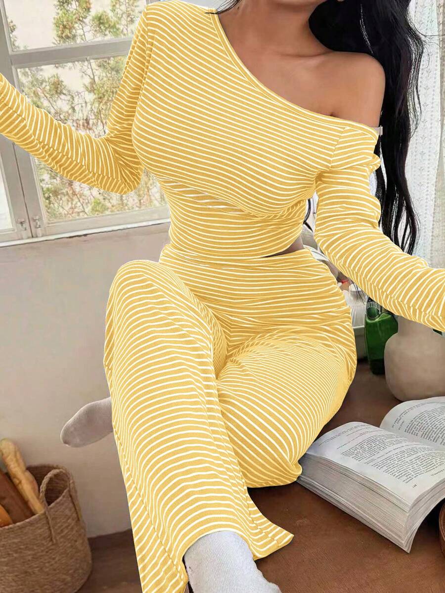 Lowkey Lull 女士不对称领条纹印花长袖上衣和裤子睡衣套装，曲线两件套，女士两件套休闲两件套，两件套家居服套装，女士秋冬服装 - 黃色 - 查看 1