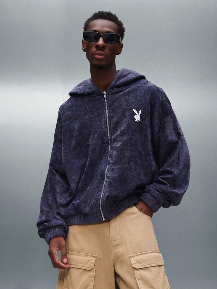 PLAYBOY X SUMWON Velour Zip Hoodie With Logo Casual Streetwear Fall Winter Drawstring Luxury Crop Fit