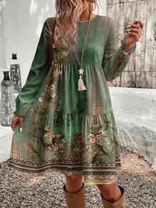 EMERY ROSE Lässiges, vintage-elegantes Kleid mit großem Blumenmuster in Überweite, rundem Ausschnitt und Große Größen, geeignet für Herbst/Winter und den täglichen Gebrauch