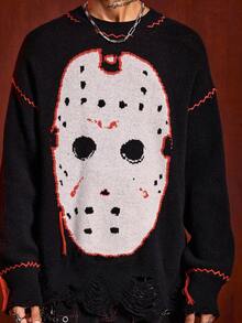 ROMWE MEN Friday the 13th X ROMWE Men's Mask Pattern Crew Neck Long Sleeve Pullover Sweater, Winter - Black - View 8