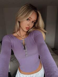 DAZY Women's Knit Partial Zip-Up Fitted Camisole Top With Built-In Padding, Autumn/Winter - Purple - View 5