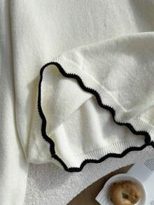 少女荷叶边 V 领宽松长袖毛绒保暖分层毛衣，休闲百搭返校套头衫，罗纹下摆撞色针织毛衣，乳白色 - 米色 - 查看 10