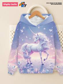 Sparklyn Tween Girls Hooded Sweatshirt 3D Cute Unicorn Blue Pink Gradient Sky & Rhinestone Faux Pearl Casual Digital Allover Print Comfortable Autumn/Winter - Multicolor - View 5