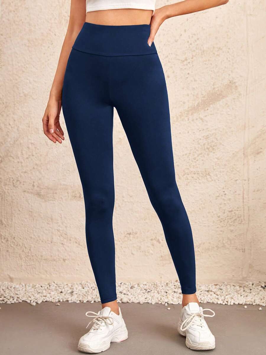 EMERY ROSE Quần legging cạp cao màu trơn thường ngày cho nữ - Xanh đậm - Xem 1