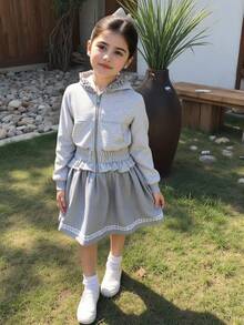 1件女童休闲时尚荷叶边连帽针织外套，女童长袖拉链休闲百搭外套，适合日常休闲、秋冬季外出穿着 - 灰色 - 查看 4