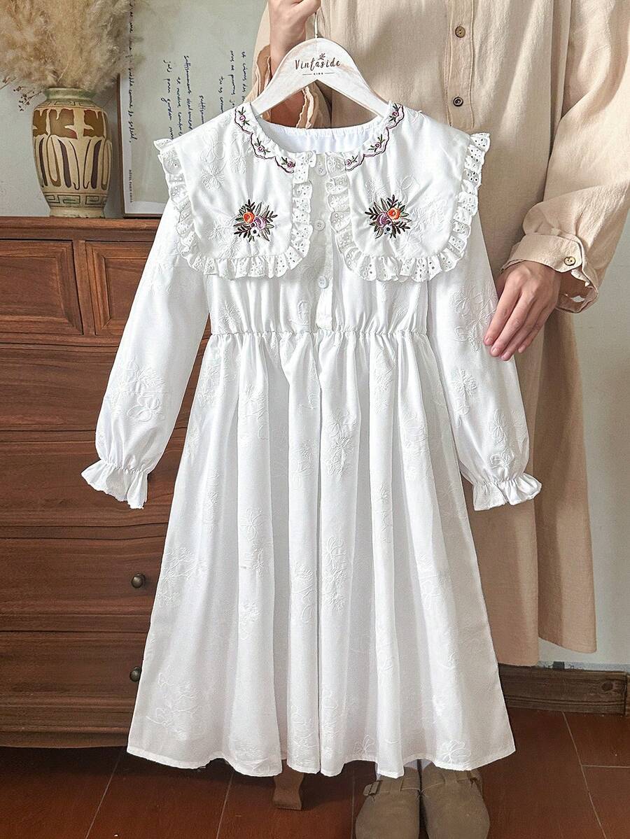 SHEIN Vintaside Kids 女童优雅白色长袖连衣裙，花卉刺绣领口，合身廓形展现甜美优雅，适合外出、休闲穿着和派对 - 白色 - 查看 1