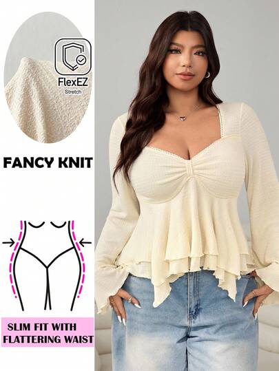 Solflare 2025 Automne/Hiver Nouveau T-shirt casual polyvalent pour tous les jours, soirée, rendez-vous, vacances. Volants à double couche, jacquard tricoté stretch texturé, manches longues évasées, détail nœud sur le buste, beige, grande taille