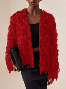 Vesra Solid Color Fringe Decor Casual Versatile Long Sleeve Cardigan For New Year Clothes - Red - View 4