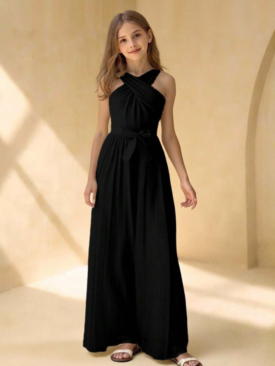 青少年女孩圆领无袖腰部拼接褶皱优雅派对连体裤 - 黑色 - 查看 1