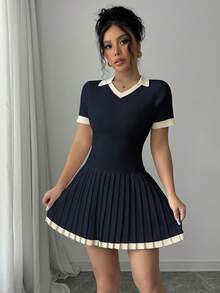 Elenzga 撞色V领休闲褶皱毛衣裙