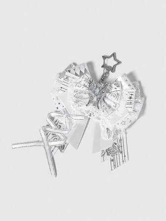 Anime 1 pieza Llavero y llavero con forma de lazo con estampado de nota musical dulce y lindo, parche de encaje, alas 3D, estampado de estrella con lámina Y2K, accesorio hecho a mano tipo Lolita para tarjetero de campus