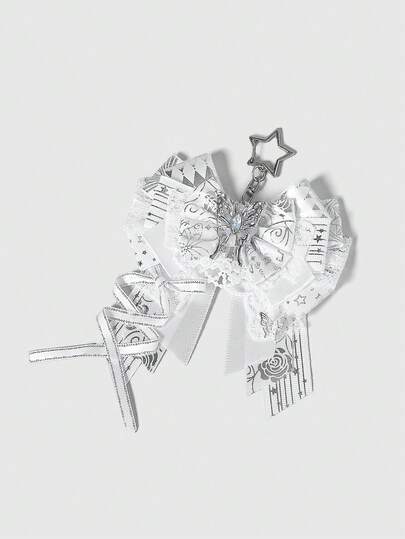 Anime 1pc Kawaii Sweet Cute Music Note Print Lace Patchwork 3D Wing Y2K Star Foil Print Bow Shaped Keychain & Keyring, Handmade Lolita Campus Card Holder Bag Charm