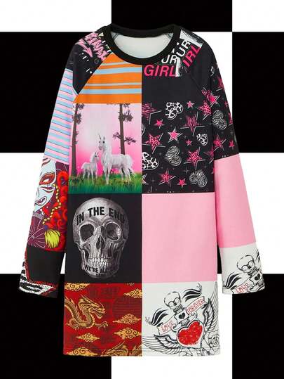 Y2Kool NEARLY THERE Vestido corto de manga corta con estampado de rayas, parches de estrella, calavera y unicornio, de estilo "Hot Girl Y2" para mujer, colección de ropa de estilo, nuevos atuendos para Año Nuevo