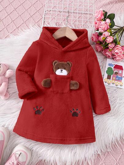 SHEIN Playful Pals Casual & Minimalist StylBaby Girls' Fleece Hooded Sweatshirt Dress With Cartoon Bear Embroidery, Winter