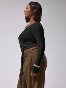 MUSERA 大码女式裹身系带长袖上衣，适合节日、派对、春夏庆典。 - 黑色 - 查看 3