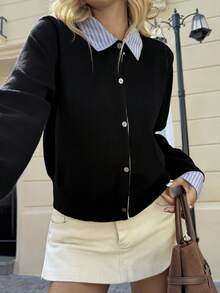 DAZY 女式撞色条纹拼布二合一休闲开衫 - 黑色 - 查看 6