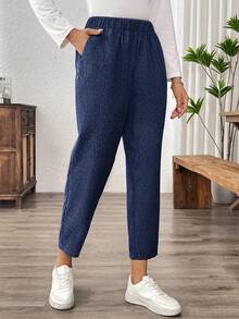 EMERY ROSE 女士编织纹理纽扣装饰口袋七分裤，休闲优雅 - 藏蓝色 - 查看 1