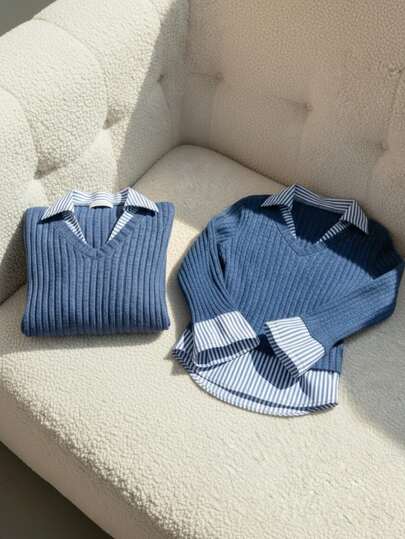 Niñas preadolescentes Elegante casual ajustado Rayas Empalme Cuello polo Estilo escolar cómodo, Adecuado para campus, compras, uso diario, primavera/otoño