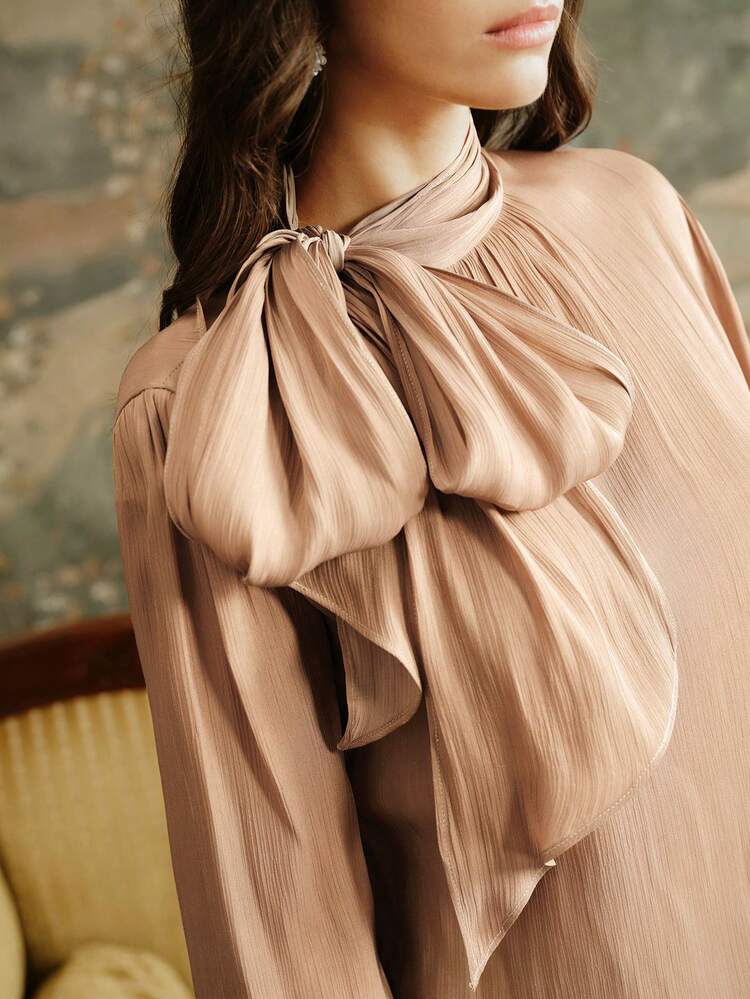 Anewsta Essential Women's High Neck Long Sleeve Tie Cuff Elegant Chic Commuter Blouse With Bowknot