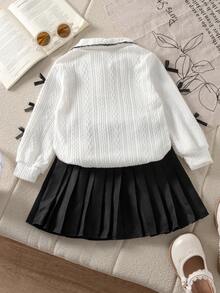 Genkimix Kids Young Girl Casual Daily Outfit With Bow Decor, Jacquard Fabric Peter Pan Collar Pullover And Pleated Skirt Set, Suitable For Spring And Autumn - Multicolor - View 2