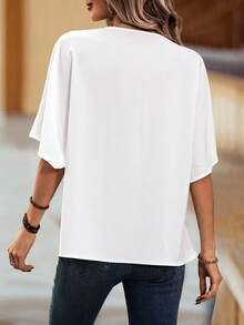 SHEIN Clasi 女性時尚純色中袖休閒襯衫 - 白色 - 查看 2