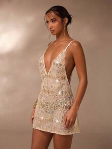 Glamine Sexy Sequin Embellished Mini Dress, Suitable For Party, Nightclub And Outings Open Back Dress Summer Dress Beaded Dress Backless Dress Sequin Dress Open Back Dresses Sequence Dress Backless Sundress - White - View 2