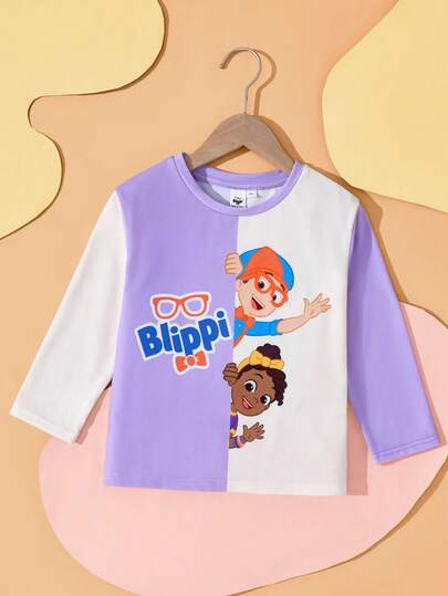 Blippi X SHEIN Camiseta de cuello redondo con gráfico de figura de dibujos animados para niña, de color contrastante y hombros caídos, color lila claro