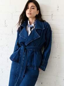Nöista Áo khoác denim thắt lưng với ve áo rộng, eo thắt và túi tiện dụng; Hoàn hảo cho phong cách đi chơi, ngày lễ và Giáng sinh - Màu xanh lam - Xem 10