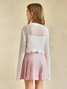 Girls V-Neck Openwork Cardigan, Solid Color, Spring/Summer - White - View 2