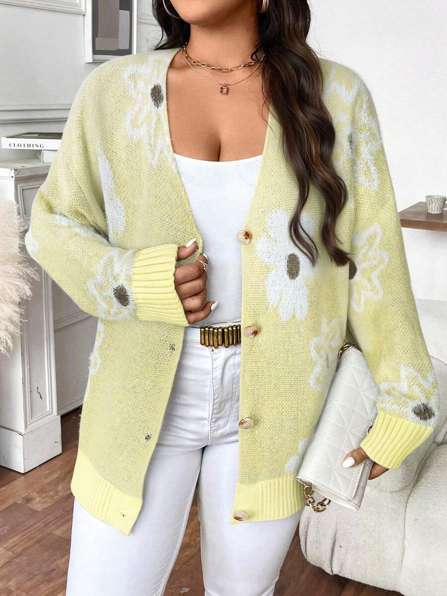 EMERY ROSE Plus Size Women Floral Pattern Drop Shoulder Long Sleeve Casual Knit Cardigan, Autumn/Winter - Light Yellow - View 1