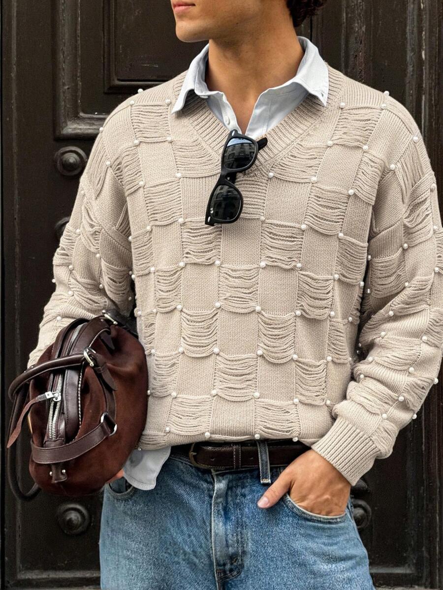 Manfinity Hypemode Sweater Kasual Pria Longgar Leher V dengan Dekorasi Mutiara Imitasi, Musim Gugur/Musim Dingin, Atasan Lengan Panjang - Aprikot - View 1