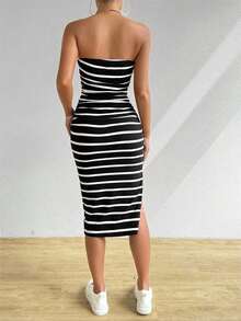 SHEIN EZwear 女士黑白條紋針織無肩帶修身連身裙 - 黑與白 - 查看 2