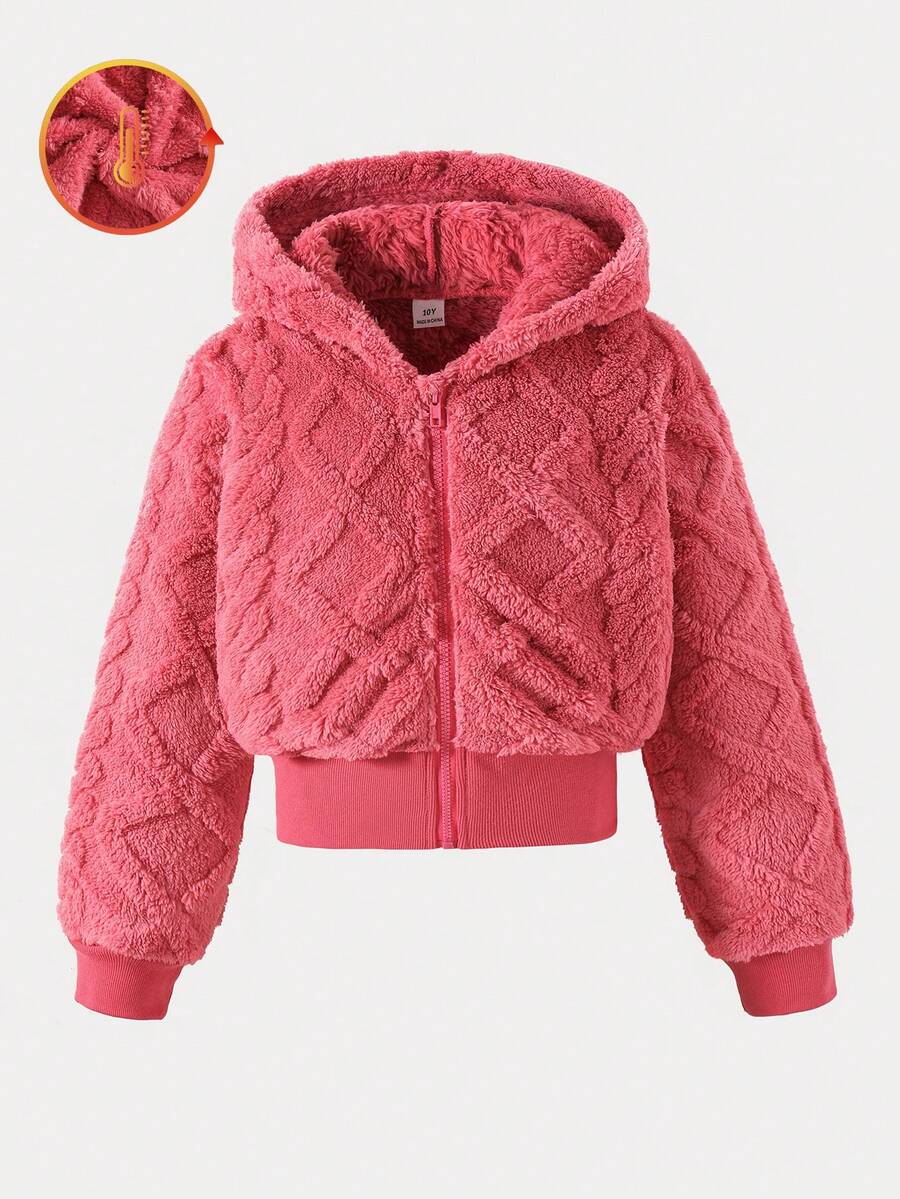 Sparklyn 1 件女童连帽拉链短款开衫夹克，针织纹理面料，秋季 - 中紫紅色 - 查看 1