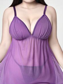 ROMWE Kawaii Plus Size Cute Mesh Babydoll Dress With Bow, Lingerie - Purple - View 2